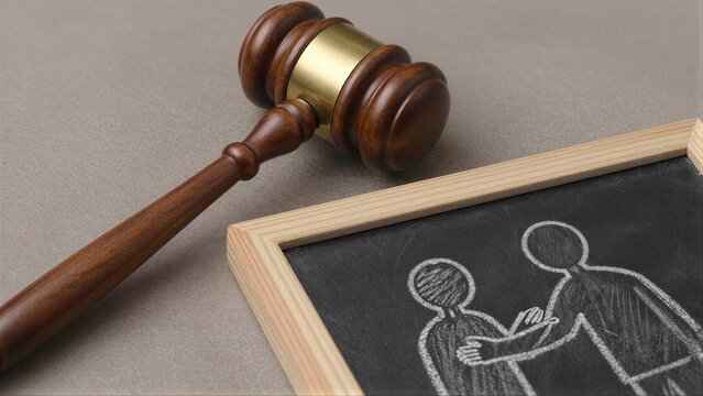 Wooden gavel rests beside chalkboard sketch of two figures embracing.