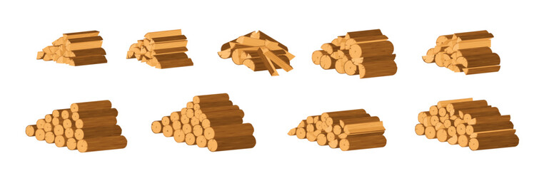 Cartoon brown wood log heap vector. Flat stack of chopped tree trunk and firewood pile in warm yellow and brown color on white. Round woodpile group of log bundle for campfire concept, nature poster © Moonnoon