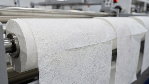 Closeup medium shot of premium soft toilet tissue rolls in production highlighting delicate embossing precise perforation and smooth rewinding processes for luxury bathroom