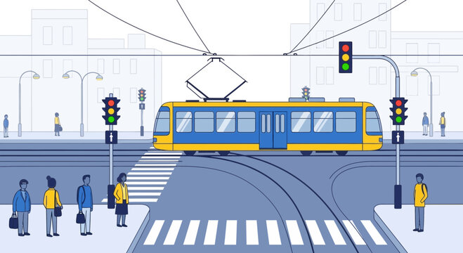 Modern yellow tram crossing intersection with traffic lights and pedestrians