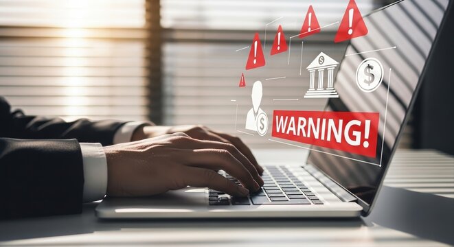 Cybersecurity Warning: Person Typing on Laptop with Alert Icons and Financial Symbols