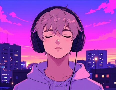 Anime boy with headphones, hoodie, sunset city skyline, neon pink purple lighting, music streaming and gaming lifestyle