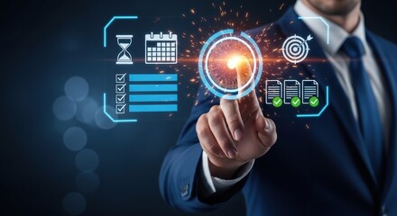 Naklejka premium Business professional interacting with digital interface for productivity and strategy tools