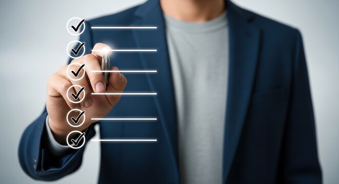 Professional marking checklist items with digital pen in business setting