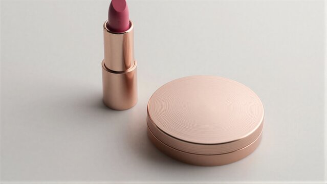 Rose gold lipstick and compact on minimalist white surface.