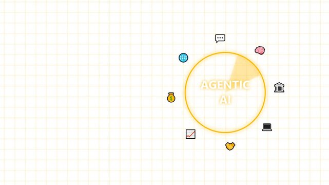 agentic ai ecosystem concept with rotating icons on a white grid background graphics