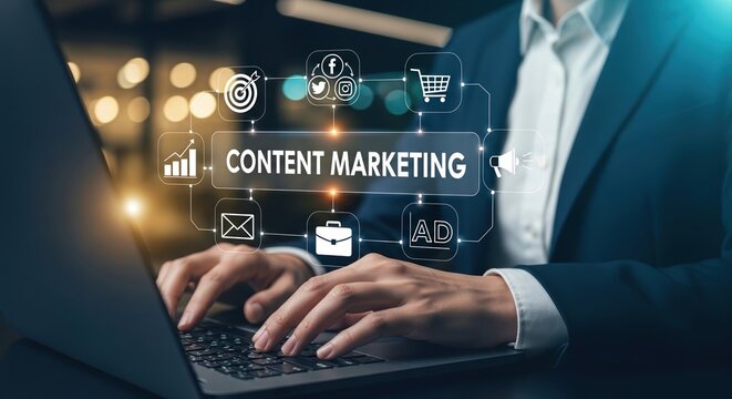 Professional content marketing strategy execution on laptop with digital tools