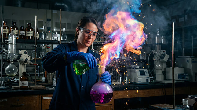 Female scientist conducting experiment with colorful smoke and fire in laboratory setting with various equipment and glassware