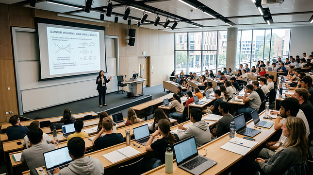 A large classroom with students and a teacher, engaged in a physics lesson on quantum mechanics