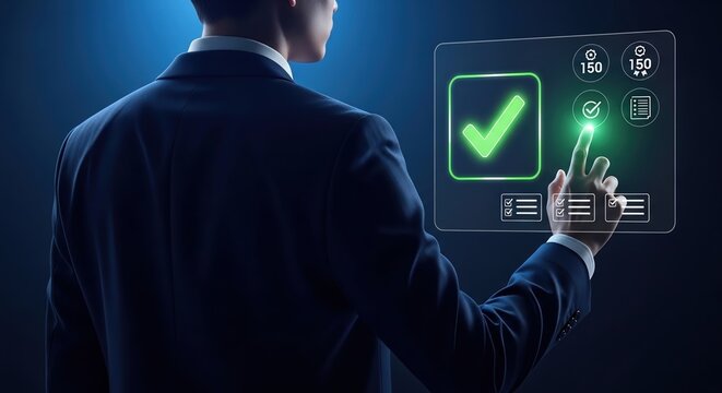 Businessman interacting with digital checkmark touchscreen interface in modern corporate setting