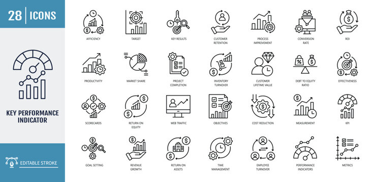 Key performance indicator icon set. Icons Includes metrics, performance, indicator, targets, objective, measurement, improvement. Vector illustration with editable stroke
