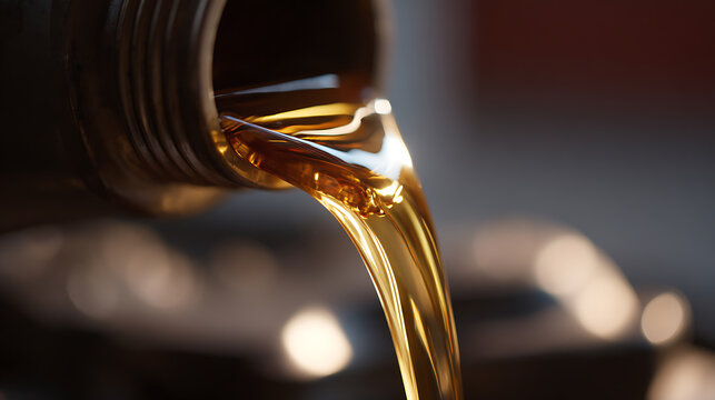 Golden Flow: Close-up Detail of Lubricant or Engine Oil Pouring from a Container, Capturing the Viscous Texture and Reflective Surface