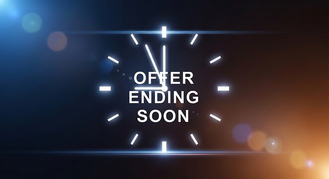 Offer ending soon text displayed inside a glowing digital clock face with dramatic lens flares and sharp focus. Ideal for retail promotional banners and discount campaign marketing.