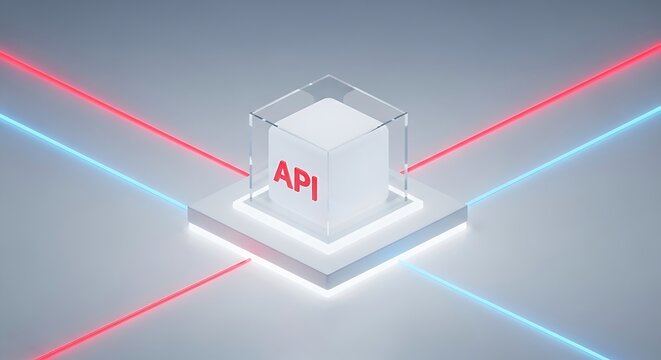 API software integration symbol encased in glass on a glowing platform with red and blue light beams in a sleek minimalist setting. Ideal for professional programming and cloud computing marketing.
