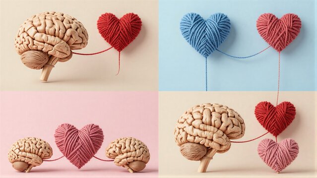 Brain and hearts connected by yarn symbolizing love's neurological