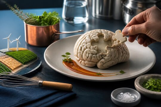 Conceptual brain on plate with hand placing puzzle piece in dramatic food style composition