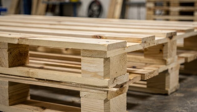 Closeup medium shot of crafting exportgrade wooden pallets highlighting precise shaping of skid blocks and stringers for secure shipping and stacking.