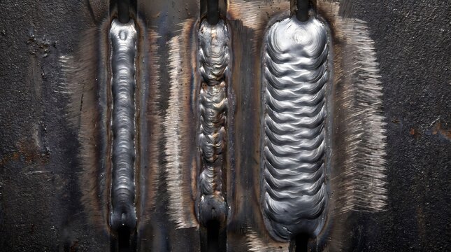 Three different weld bead patterns on metal. Top view weld seam industrial macro close-up &mdash; steel metal surface manufacturing detail, professional background, copy space