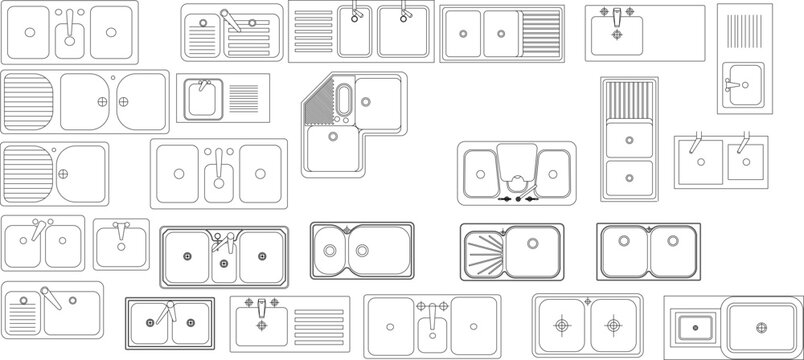 Collection of kitchen sink and plumbing fixture symbols for architectural floor plans. Features extensive variety including single, double, and triple bowl configurations, corner sinks, drainboards.