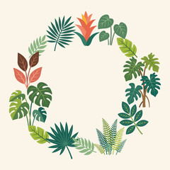 Tropical Botanical Wreath Vector Frame with Monstera, Philodendron, Bromeliad, Fern and Palm Leaves © Bohdana