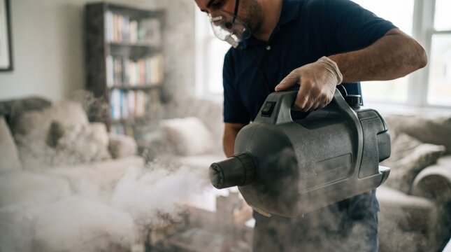 Closeup of technician holding fogging device in apartment living room dense fog enveloping area with background softly blurred to highlight fogger details.