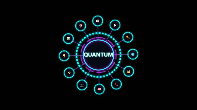 Quantum technology concept with futuristic hud interface and digital icons on black.
