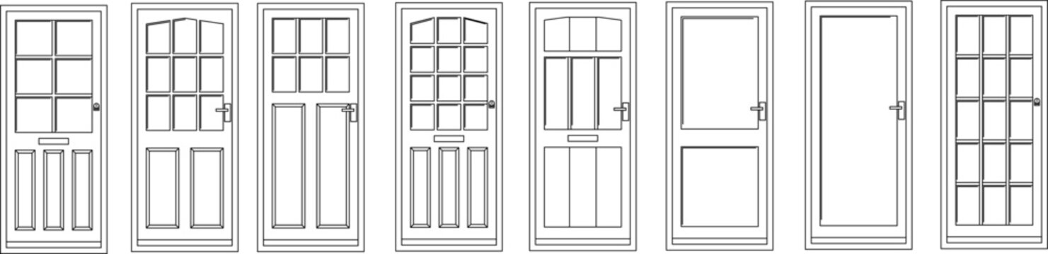Technical vector set of various residential exterior door designs with different panel and window configurations, featuring architectural front elevation layout symbols.