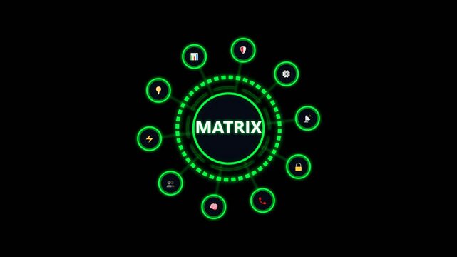 Matrix digital interface hud with glowing green icons and circular data element dark