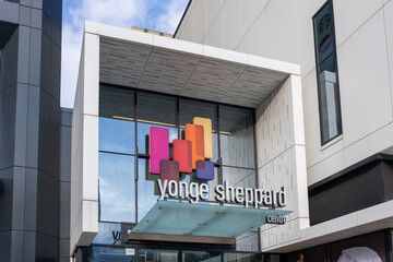 Naklejka premium Toronto, Ontario, Canada - May 6, 2026: The entrance to Yonge Sheppard Centre in North York, Toronto, Canada. Yonge Sheppard Centre is a shopping center at the intersection of Yonge Street and Sheppar