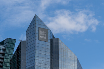 Naklejka premium Toronto, Ontario, Canada - May 6, 2026: Nestle’s Canadian headquarters on Sheppard Avenue West in North York, Toronto, Canada. Nestle SA is a Swiss multinational food and drink processing conglomerat