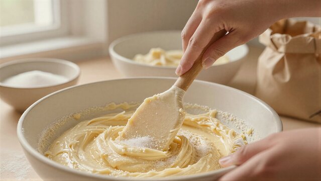 Hand mixing batter in bowl sugar sprinkled on top near window.
