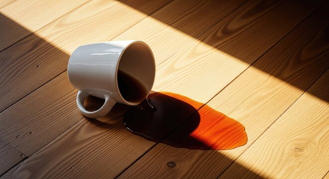 A fallen white ceramic mug rests on a sun-drenched wooden floor as steaming dark coffee spills out, creating a warm and messy morning scene, accident, surface, caffeine
