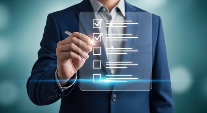 Businessman completing digital checklist on transparent screen - productivity concept (65 characters)