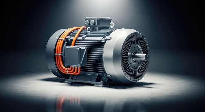 A heavy electric motor sits on a polished factory floor, illuminated by bright light to highlight its robust metal structure and power, part, plant, gear