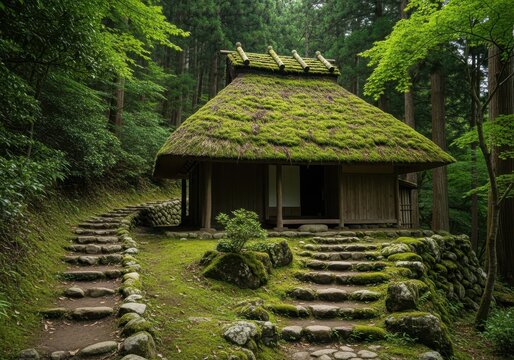 Mosscovered traditional japanese house in forest