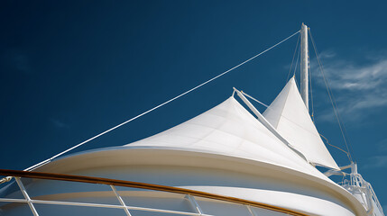 Fototapeta premium Modern architectural detail of white tensile fabric roof structure against vivid blue sky, abstract shapes, clean lines, sunny day, low angle view