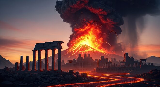 A massive volcanic eruption spews glowing lava toward an ancient ruined city as a dark plume of ash towers over crumbling stone pillars, dust, orange, civilization