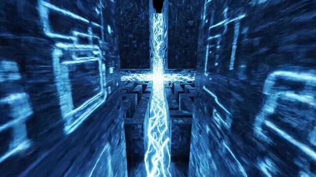 Futuristic blue stone labyrinth with glowing energy paths