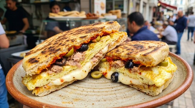 Tunisian Chapati Sandwich with Melted Cheese Tuna and Harissa