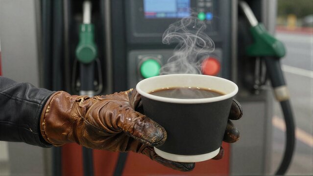 Steamy coffee cup held by gloved hand at gas station ready for a