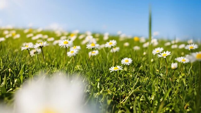 Close up of a single daisy flower in a field of daisies under a blue sky.