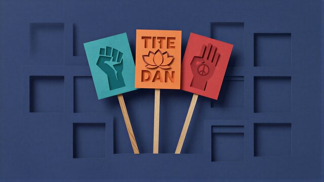 Three colorful paper signs with symbols and "TITE DAN" on a blue grid