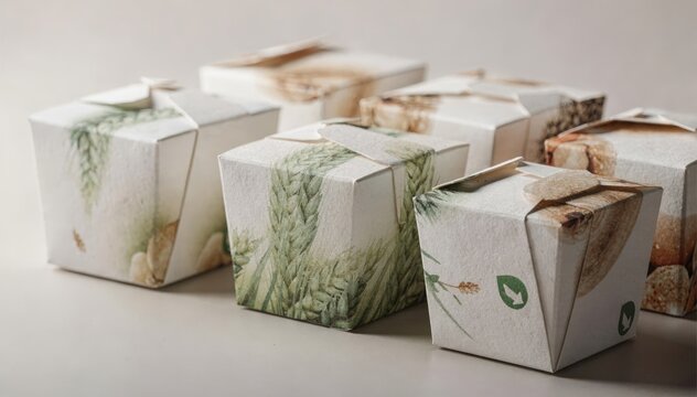 Medium shot of claycoated printing food cartons featuring flexo printing process emphasizing rich textures and environmentalfriendly inks on pristine white cartons.