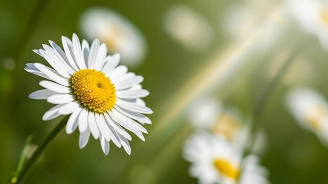 Close up of a white daisy flower with yellow center in a green field with sunlight.