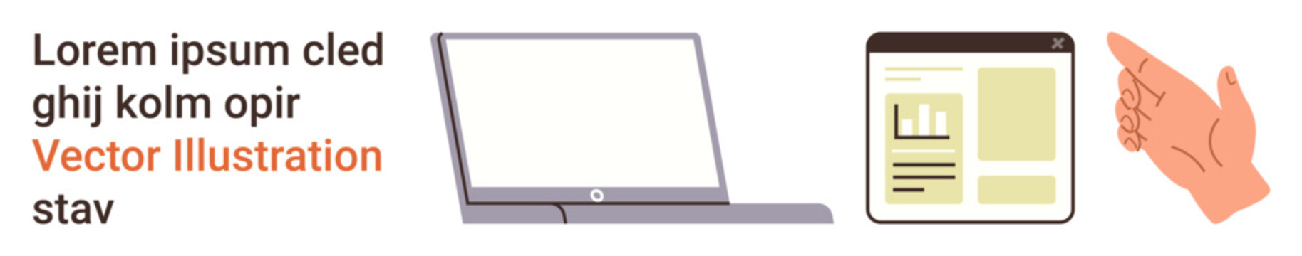 Digital communication, technology tools, screen interaction, online presentations, computer devices, applications. Laptop with webpage layout and hand gesture pointing. Digital communication