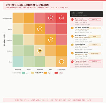 Project Risk Register and Matrix Template &mdash; 5&times;5 Probability Impact Heat Map with Plotted Risks Risk Register Table Owner Assignment Mitigation Strategies and Status for Project Management