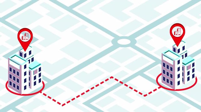 Animated Isometric City Map with GPS Navigation Route Between Two Buildings &ndash; Business Location Concept