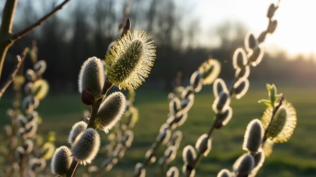 Close up of pussy willow catkins in soft golden hour sunlight.