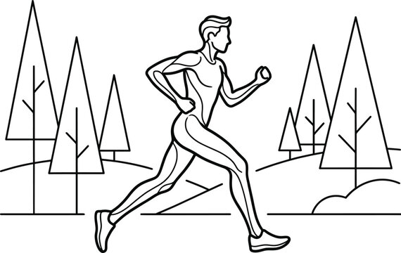 Running fitness man jogging in forest line art illustration
