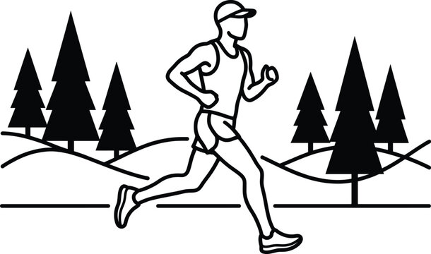 Trail running fitness man running outdoors in forest landscape